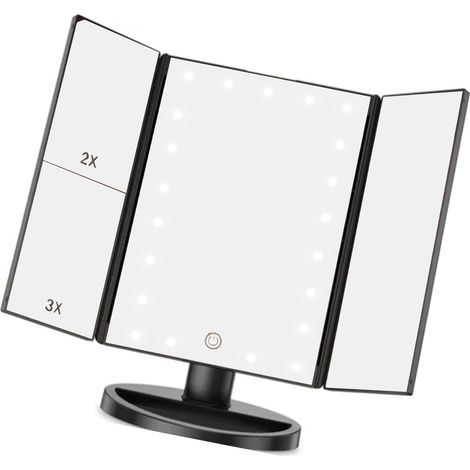 Miroir de maquillage LED pliant triple noir USB avec câble de données petit miroir de vanité pour chambre quotidien (1/5)