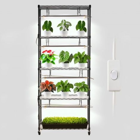- Soporte para plantas de interior con luz de cultivo, estantería metálica de 6 niveles, 180 cm de altura, 192 W, con ruedas, lámpara de espectro completo de 5000 K, expositor para macetas (1/5)