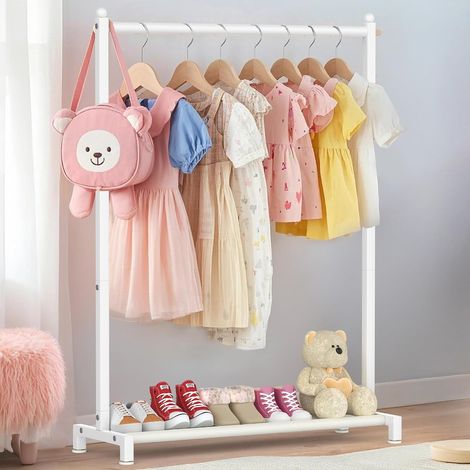 Kids Clothes Rack with Bottom Storage Shelf, Metal Clothes Rack for Kids Clothes, Freestanding Clothes Rack for Hanging Clothes, White (1/5)