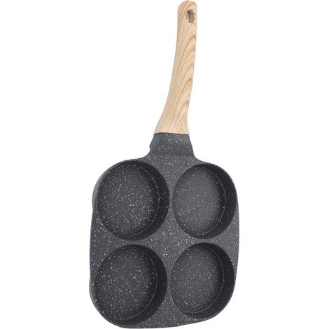 Poêle à œufs antiadhésive 4 tasses en aluminium, facile à nettoyer, avec poignée en bois, compatible avec les plaques de cuisson à gaz et à induction (version standard). (1/5)