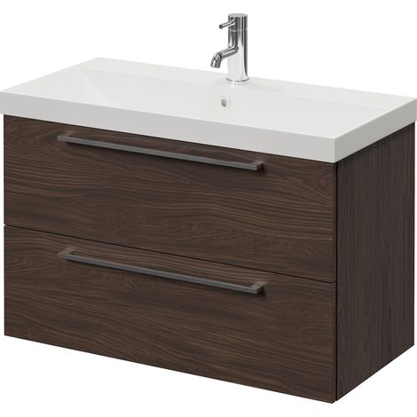 Napoli 390 Brown Oak 800mm Wall Mounted 2 Drawer Vanity Unit with Rimini Basin - 800mm - Chrome 480mm Handle