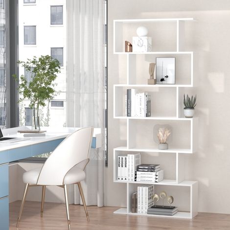 Bibliothèque en zigzag, design moderne, 80 x 23 x 192 cm (L x l x H), 6 étagères, blanche (1/5)