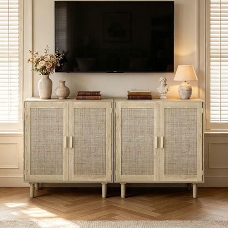 Meuble de rangement 2 portes en rotin 80cm, idéal pour salon, salle à manger, entrée (couleur naturelle) (1/5)