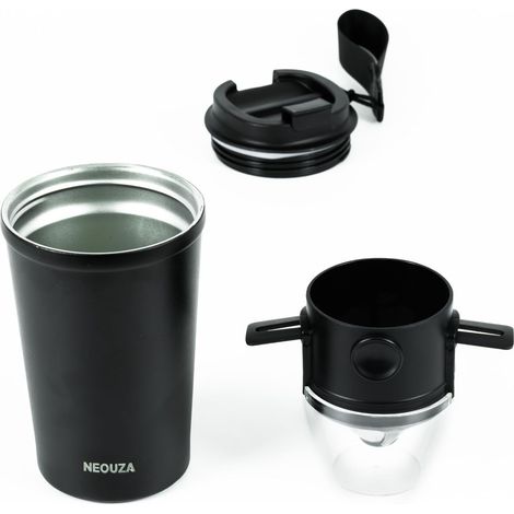 Goutteur à café avec gobelet isotherme – Filtre à café réutilisable en acier inoxydable – Machine à café portable et pliable sans papier pour camping, voyage (gobelet noir + goutteur) (1/5)
