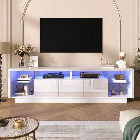Mobile TV 200x38x55 cm, con tre ante lucide, vani aperti in vetro, LED multicolore, PB bianco (1/5)