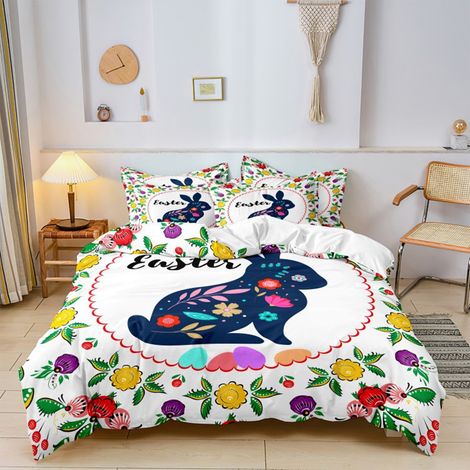 Parure De Literie 3 Pièces - Housse De Couette Et 2 Taies D'Oreiller - Motif Lapin Et Œuf De Pâques - Microfibre Douce - Pour Chambre Ou Bureau - 1 Unité (1/5)