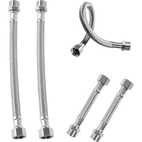 4 Pièces Tuyau Flexible pour Robinet 1/2", Tuyau Tressé Acier Inox Tuyau de Raccordement pour Connecteur Plomberie Salle de Bain Robinet d'angle Chauffe-eau (20 cm/10 cm) (1/5)