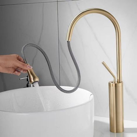 Einloch-Spültischarmatur mit 60 cm Schlauch, für Wohnmobilküche, Waschküche, Bauernhaus, Camping, Bar, Anrichte, gebürstetes Gold