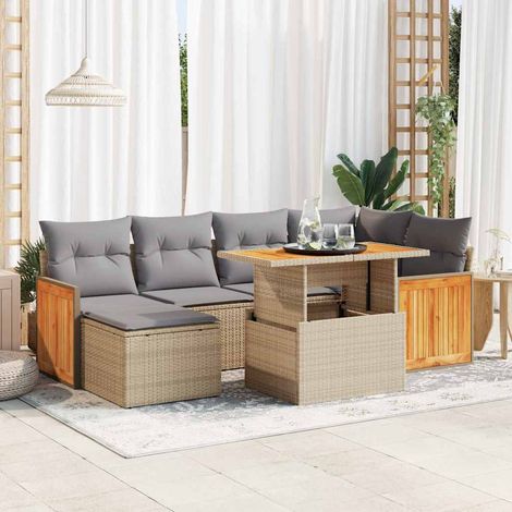 Set sofás jardín y cojines 7 pzas ratán sintético acacia beige vidaXL (1/5)