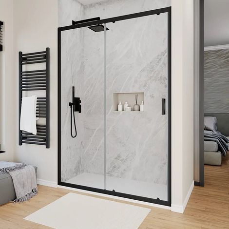 Porta doccia 140 cm scorrevole profili nero opaco vetro 6mm trasparente h190 Sicily