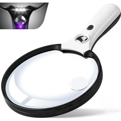 Grande loupe avec Lampe, loupe 10x 20x 45x loupe d'éclairage portative avec 3 lumières LED, Chiffon de Nettoyage pour l'examen de Lecture des Personnes âgées (Blanc)