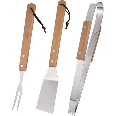 Ensemble de 3 ustensiles pour barbecue : spatule, fourchette à barbecue, pince en acier inoxydable avec manches en bois résistant à la chaleur. (1/3)
