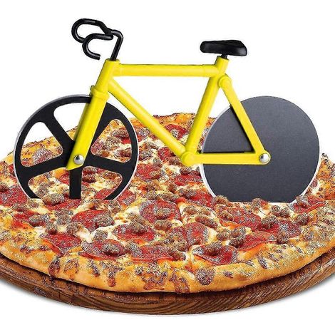 Coupe-pizza vélo, double lame en acier inoxydable, lames ultra-tranchantes, revêtement antiadhésif, 18 cm (jaune) (1/5)