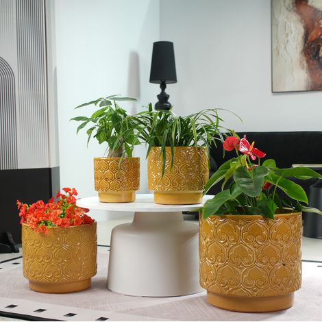 Vaso da fiori in ceramica Ø 19 cm con foro di drenaggio, giallo caldo lucido, rilievo a cuore (1/5)