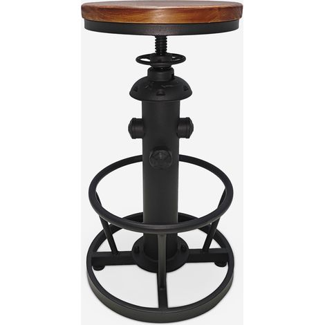 Ahd Amazing Home Design – Tabouret de bar vintage industriel réglable – Assise ronde en bois de pin – Hauteur réglable 52-67 cm – Base métal noir mat