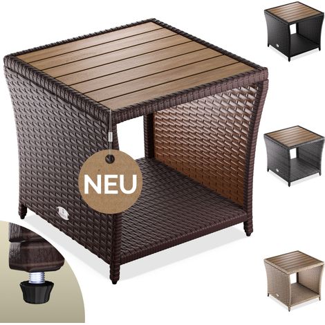 CASARIA® Table d'appoint en polyrotin 45x45x40cm avec plateau en bois d'acacia Petite table basse de jardin balcon extérieur Brun (1/5)