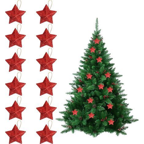 Lot de 12 décorations de sapin de Noël - Étoiles rouges - Petites paillettes - Étoile rouge - Décoration d'arbre de Noël - Pendentif pour sapin de Noël (1/5)