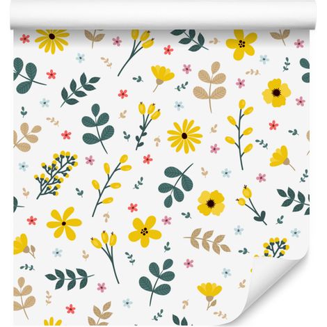 Carta da parati con fiori bianchi, crema, grigio chiaro e gialli 50x1000 cm (1/5)