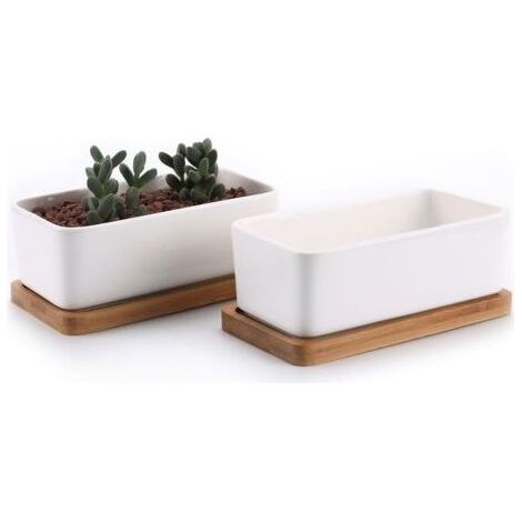 17cm Pot de Succulent en Céramique avec Plateau en Bambou Blanc Lot de 2, Cactus Plante Planteur Cache Pot Jardinière Contenant Cadeau pour Anniversaire Mariage