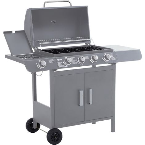 Outsunny 4+1 Burner Gas BBQ Grill, Outdoor Barbecue Trolley with Wheels, Warming Rack, Side Shelves, Cabinet, Thermometer for Garden, Party, Camping, 125 L x 51 W x 100 H cm, Grey (1/5)