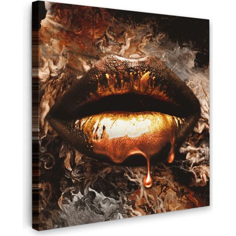 TABLEAU SUR TOILE Or - Lèvres - Art - Or - Luxe - Abstrait Tableau Chambre Adulte 90x90 cm