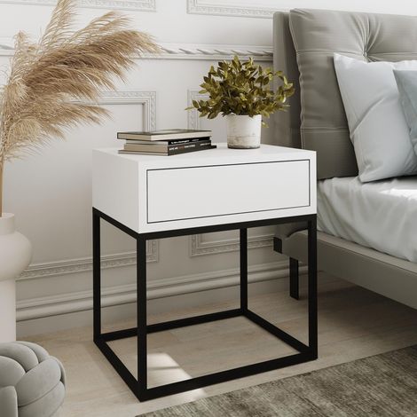 AX LIVING Nachttisch Kommode Aleio Weiß, Schwarzes Metallgestell 45cm