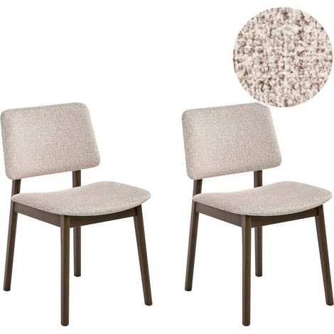 Set di 2 sedie da pranzo con seduta in poliestere bouclé e struttura in legno di gomma, colore marrone scuro e tortora Blane