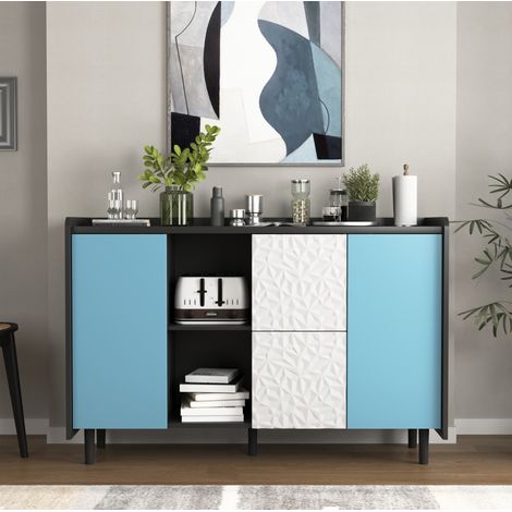 MEUBLIV Buffet bas 120x40x80 cm noir et bleu – grand rangement, 2 tiroirs (1/5)