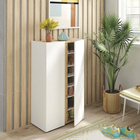 Dmora - Scarpiera Gotto, Mobile portascarpe, Armadio da ingresso multiuso, Mobiletto per calzature, 57x35 h102 cm, Bianco e Rovere Nodi (1/5)