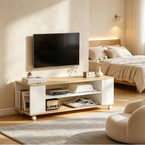 TV-Möbel auf Rollen aus Spanplatte Weiß und Natur-Eiche 120 x 40 x 38,5 cm OKWISH (1/5)