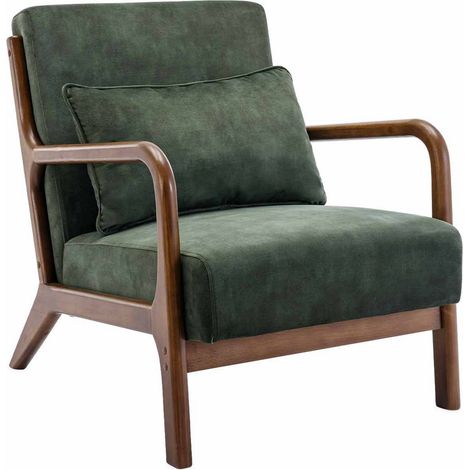 sweeek - Skandinavischer Sessel, Samtbezug und Hevea-Holz, nussbaumfarben, Samt, Dunkelkhaki