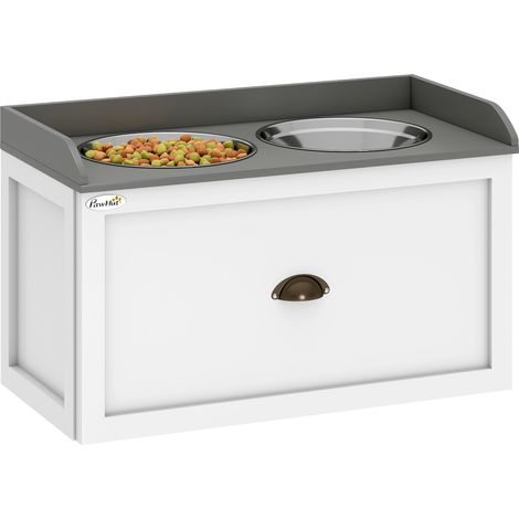 Gamelle double chien chat - porte-gamelles surélevé rangement 2 en 1 - tiroir, 2 gamelles - acier inox. MDF blanc gris
