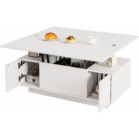 ELVMI Mesa de Centro con Doble Tablero Elevable, 2 Puertas y Almacenamiento Oculto, Salón, Blanca, 100 x 50 x 43 cm (1/5)