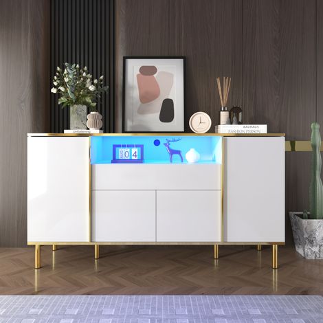 Credenza in MDF e pannelli di particelle bianco lucido con LED, 4 ante, 1 cassetto, 150x40x80 cm (1/5)