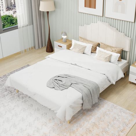 Lit rembourré tissu beige métal 160x200 cm, tête de lit design, sommier à lattes inclus (1/5)