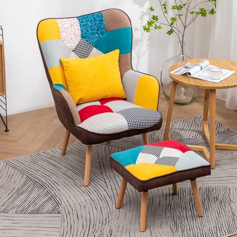 Upholstered Wingback Armchair with Footrest and Cushion (1/4)