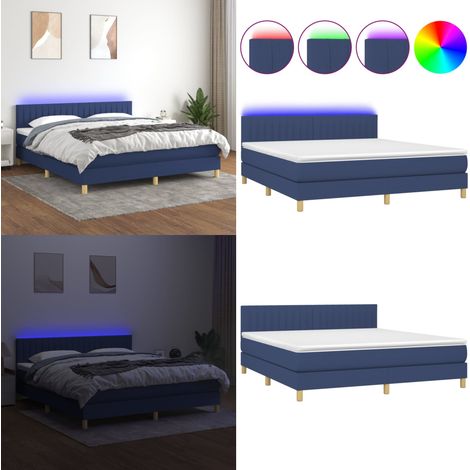Cama box spring con colchón y LED tela azul 160x200 cm - Cama con cabecero ajustable - Cama con muelles ensacados