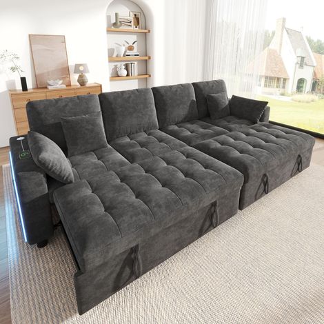 Canapé d'angle convertible - 262.5 x 140 x 89 cm - 4 places avec 2 couchages indépendants, led, usb, type-c, dossier réglable, style moderne, chenille - gris (1/5)