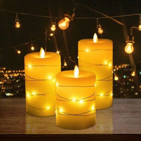 MINE Bougie LED sans flamme avec chaîne lumineuse intégrée, bougie LED en 3 parties avec télécommande, flamme dansante, cire véritable, à piles. (1/5)