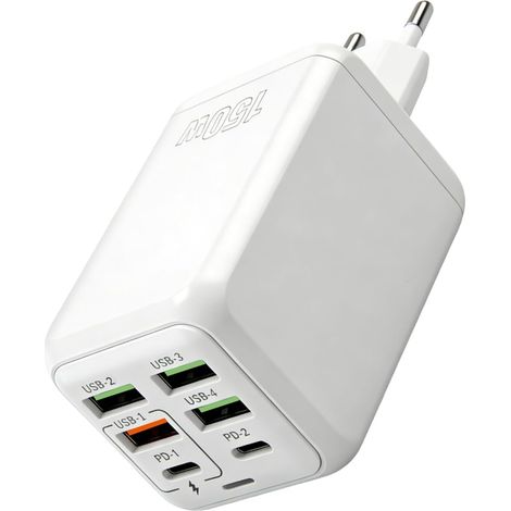 Chargeur USB C 150W 6 Ports USB C Prise de Charge Rapide 2 USB-C PD + 4 USB-A QC 3.0,Chargeurs secteur Universel 17/16/15/14/13 Pro Max/Android,Compatible avec iPad (1/5)