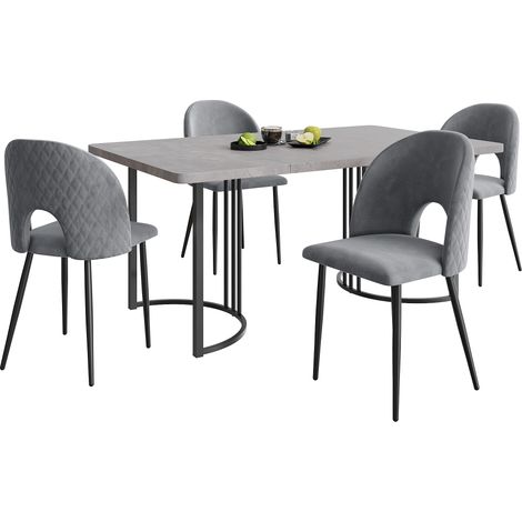CAIziEnsemble repas : table 140×80cm MDF + 4 chaises velours gris motif diamant (1/5)