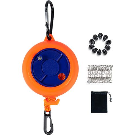 Corde à linge portable et rétractable avec clips de fixation, 10 m, robuste et rétractable, idéale pour la salle de bain, la buanderie, l'intérieur et l'extérieur, le camping, les voyages. (1/5)