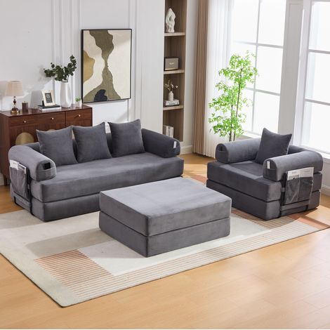 Sofá modular de 4 plazas de tela con puf y almacenamiento lateral gris oscuro DESVIAE (1/5)