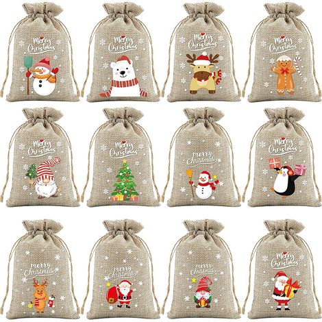 12 Stück Weihnachtsgeschenkbeutel, Weihnachts-Süßigkeitsbeutel, 10 x 15 cm Leinen-Weihnachts-Kordelzugbeutel, buntes Weihnachts-Cartoon-Muster, zum Verpacken von Süßigkeiten und Snacks (grau) (1/5)