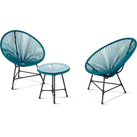 Gartenmöbel IZMIR Tisch und 2 Sessel Ei Seil blau Ente