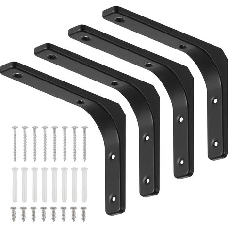 (150 x 200 mm) 4 Pièces Équerre Étagère de Fixation Noir, Supports D'étagère Murale, Équerre Murale en Forme de L avec Vis et Ancrages Assortis, Capacité de Charge Maximale de 70kg.