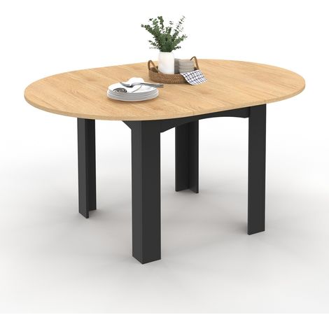 Idmarket – Table à manger extensible ronde 4-8 personnes – Plateau noir façon hêtre – Longueur 110-150 cm – Design contemporain