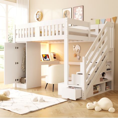Cama dormitorio con escritorio y armario blanco OKMYHOME (1/5)