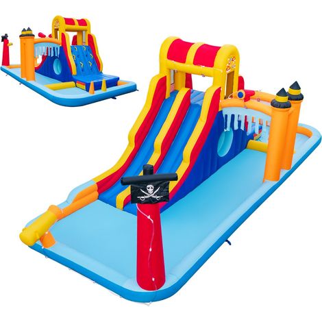 Castello gonfiabile per parco acquatico con scivoli e parete da arrampicata 693 x 295 x 263 cm per 3 bambini tessuto Oxford blu 200020685