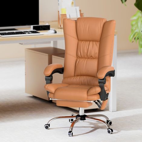 Silla de oficina ergonómica con calefacción y masaje, altura regulable, reposapiés retráctil, piel sintética marrón claro (1/4)